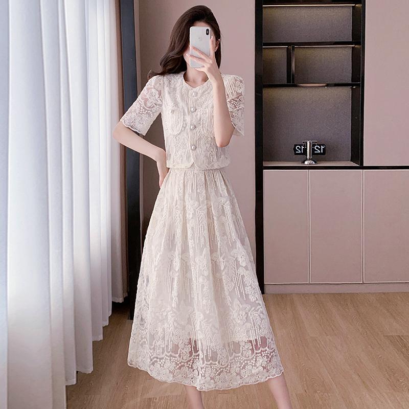 Lace embroidery elegant summer skirt 2pcs set