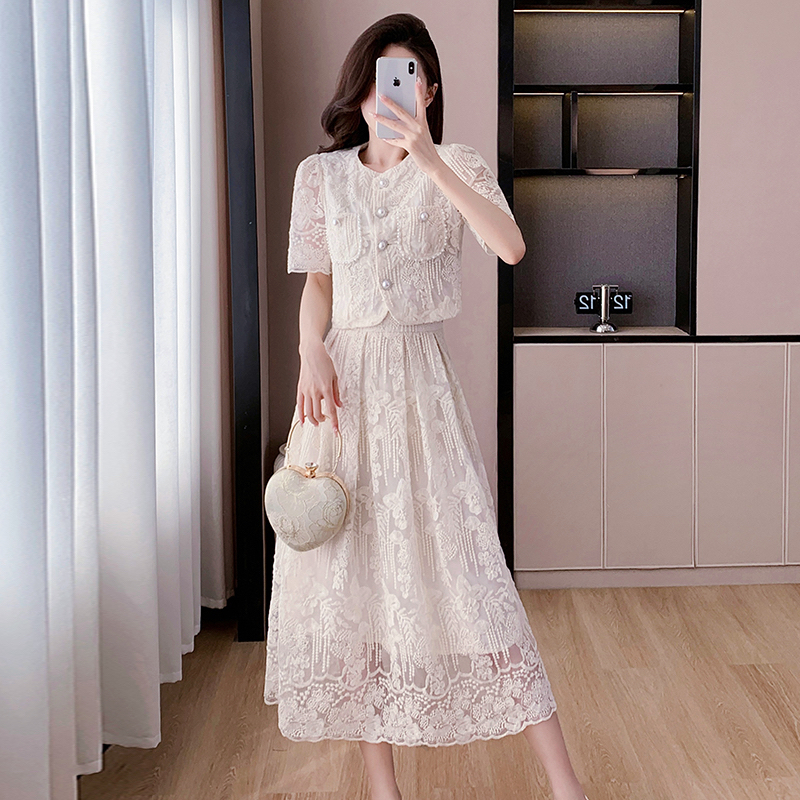 Lace embroidery elegant summer skirt 2pcs set