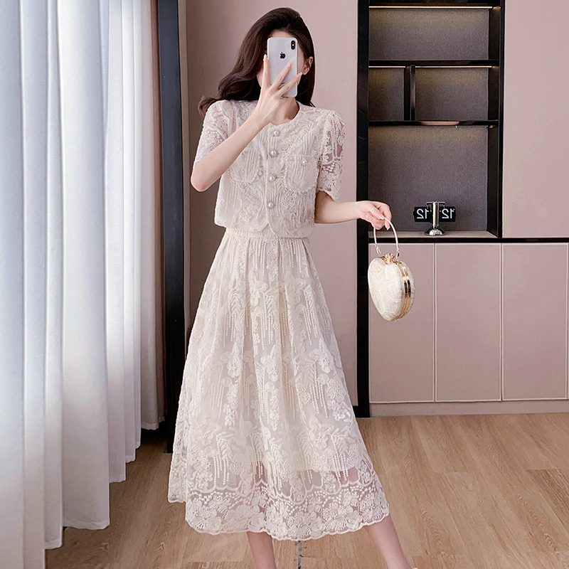 Lace embroidery elegant summer skirt 2pcs set