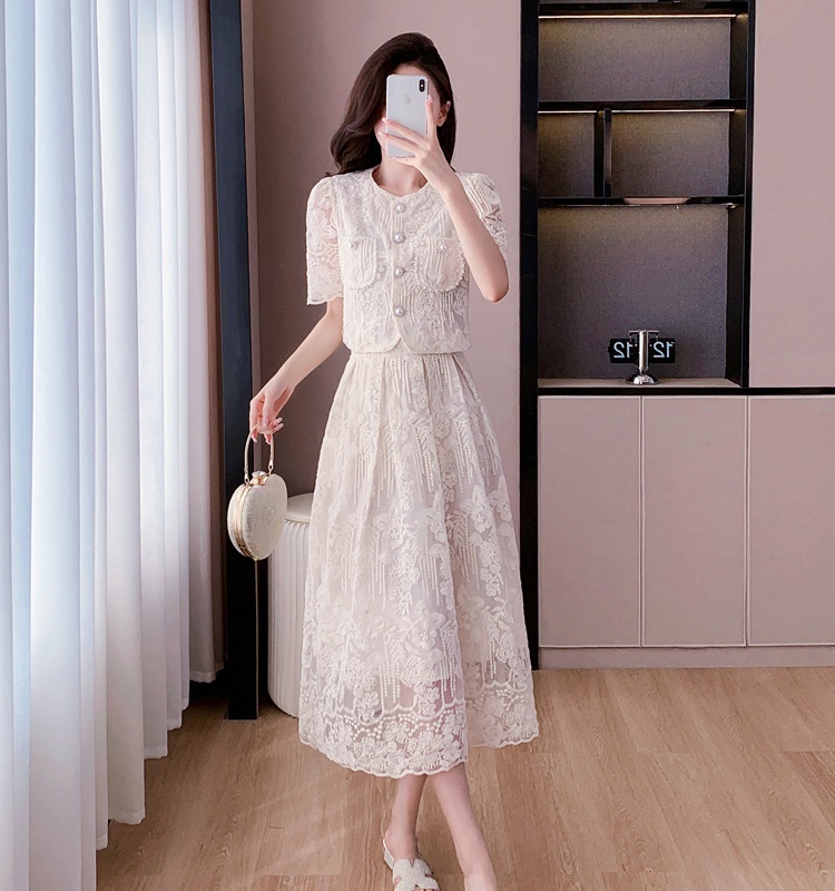 Lace embroidery elegant summer skirt 2pcs set