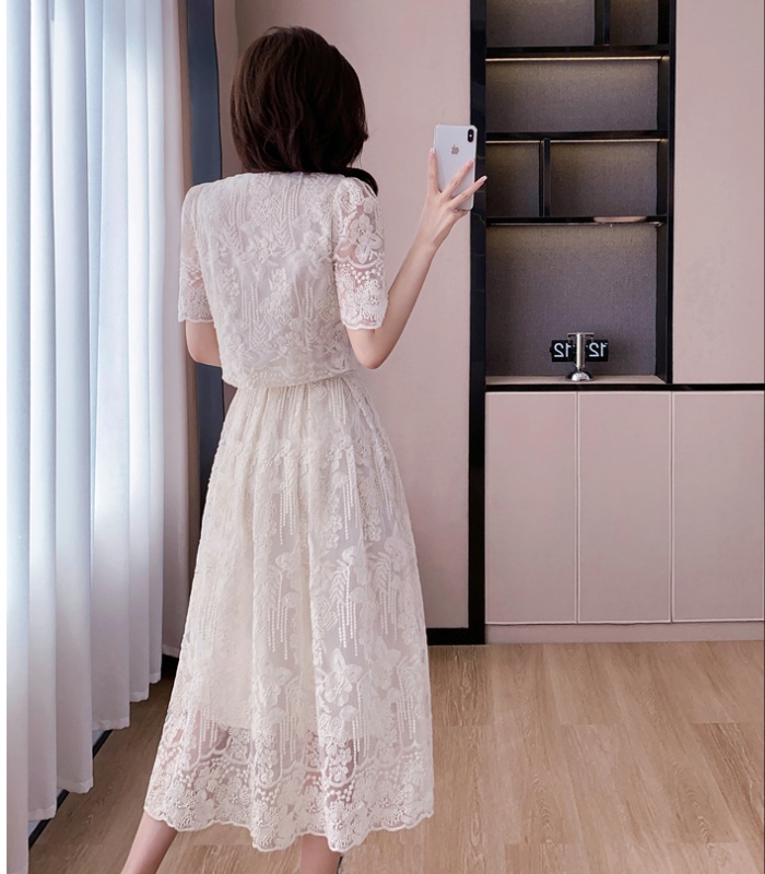 Lace embroidery elegant summer skirt 2pcs set