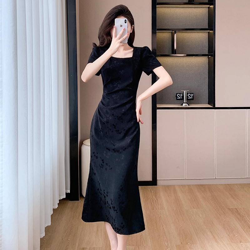 Square collar slim jacquard temperament summer dress