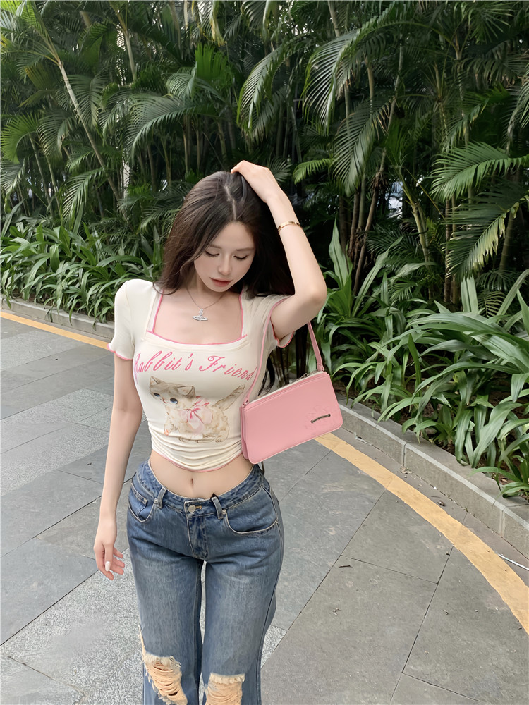 Square collar France style summer T-shirt short printing tops