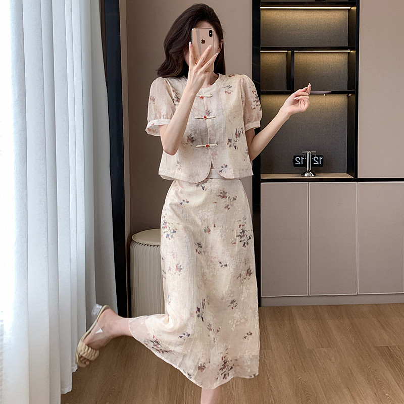 Chinese style small shirt summer cheongsam 2pcs set