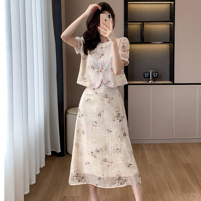 Chinese style small shirt summer cheongsam 2pcs set