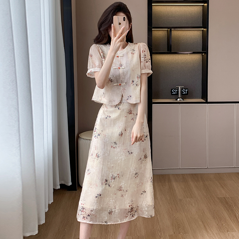 Chinese style small shirt summer cheongsam 2pcs set