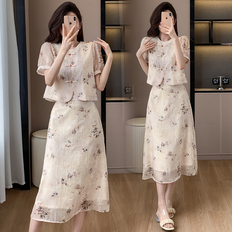 Chinese style small shirt summer cheongsam 2pcs set