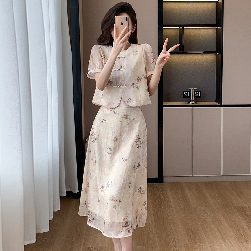 Chinese style small shirt summer cheongsam 2pcs set