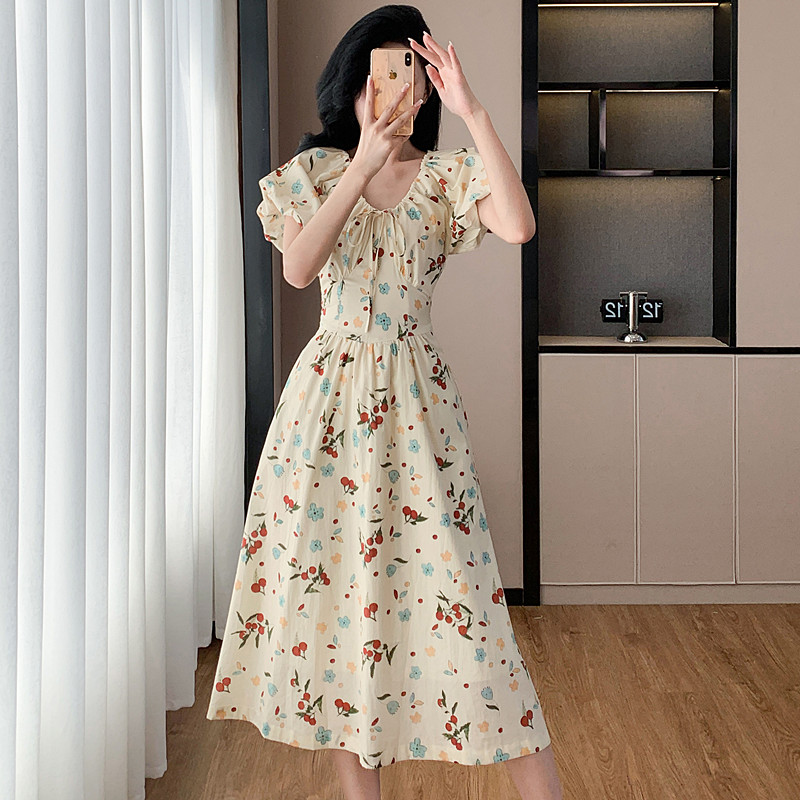 V-neck floral summer dress temperament sweet long dress