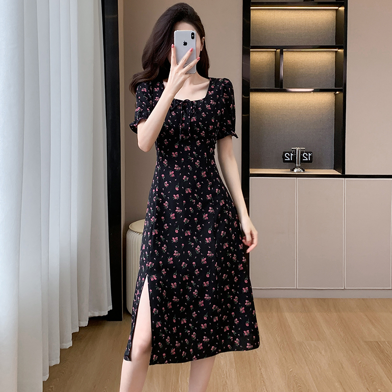 Temperament elegant retro long dress floral split dress