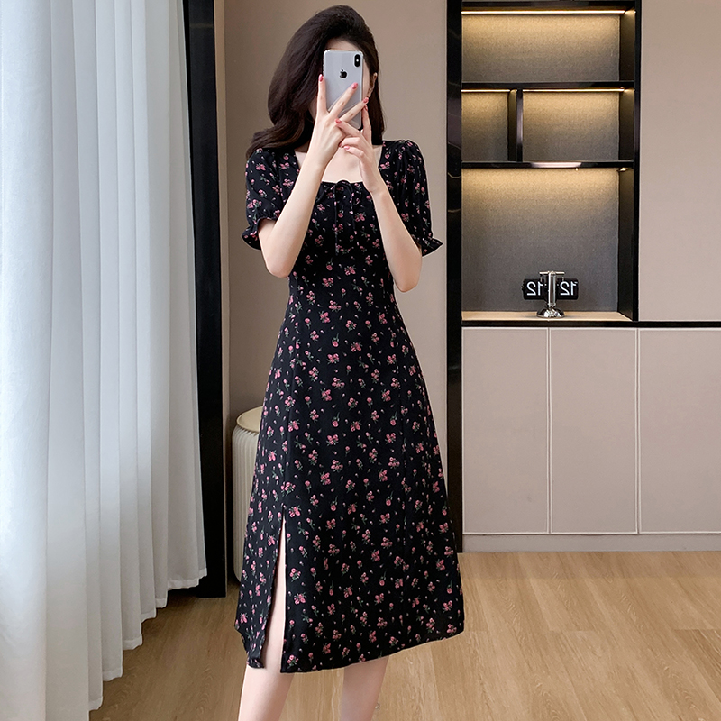 Temperament elegant retro long dress floral split dress