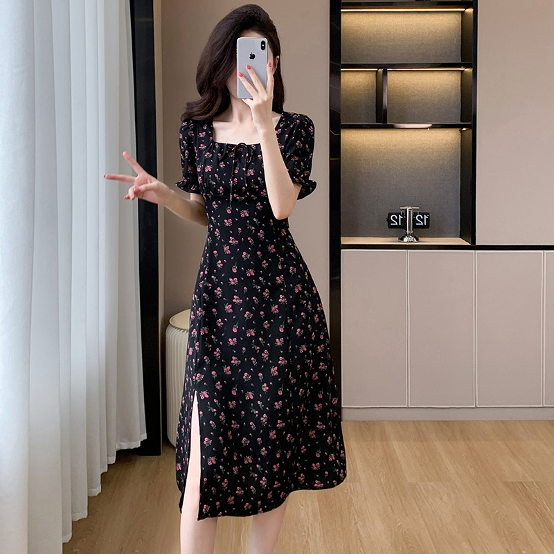 Temperament elegant retro long dress floral split dress