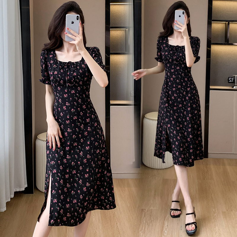 Temperament elegant retro long dress floral split dress