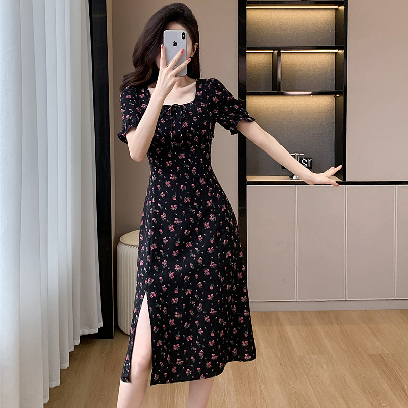 Temperament elegant retro long dress floral split dress