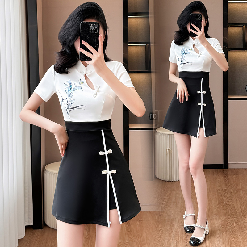 Fashion ladies shorts splice summer cheongsam 2pcs set