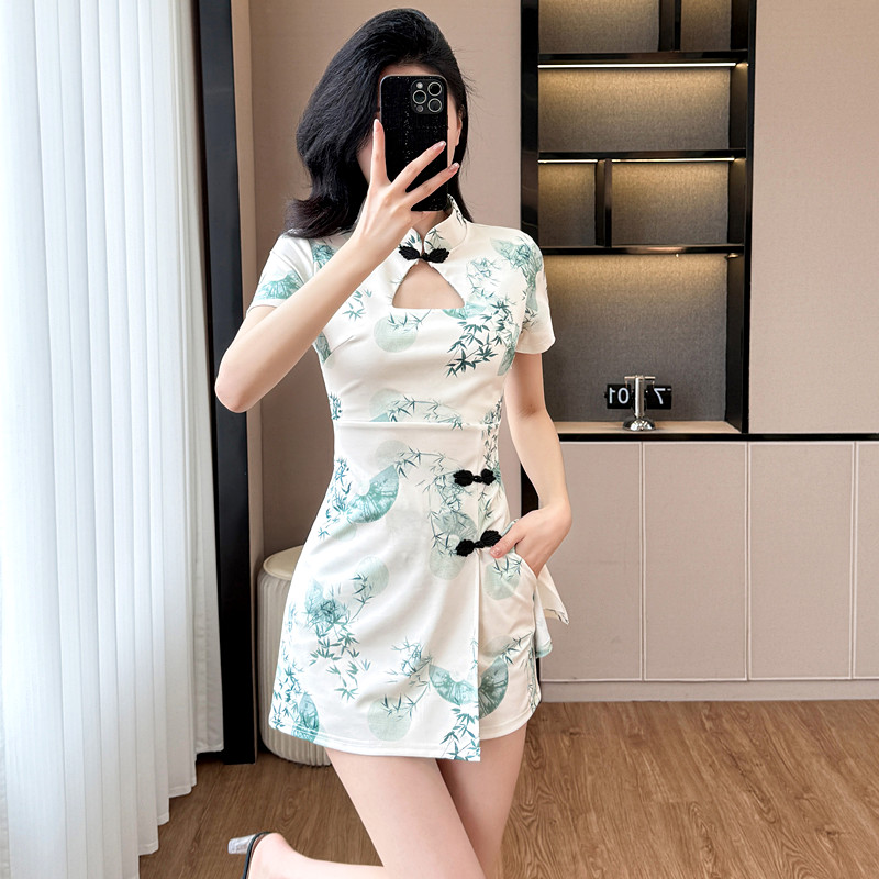 Temperament elegant dress printing shorts 2pcs set