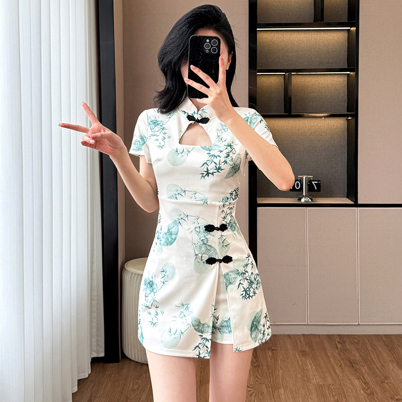 Temperament elegant dress printing shorts 2pcs set