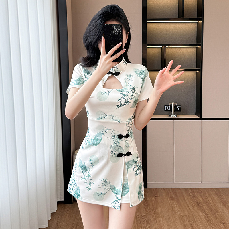 Temperament elegant dress printing shorts 2pcs set