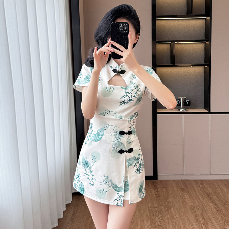 Temperament elegant dress printing shorts 2pcs set