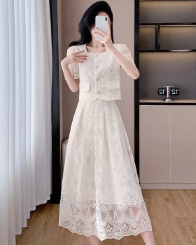 Lace pleated fashion chanelstyle skirt 2pcs set