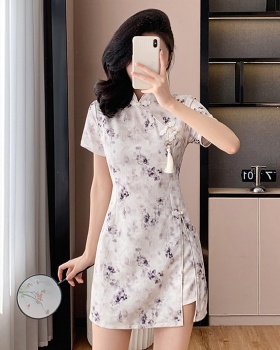 Jacquard printing shorts Chinese style cheongsam 2pcs set