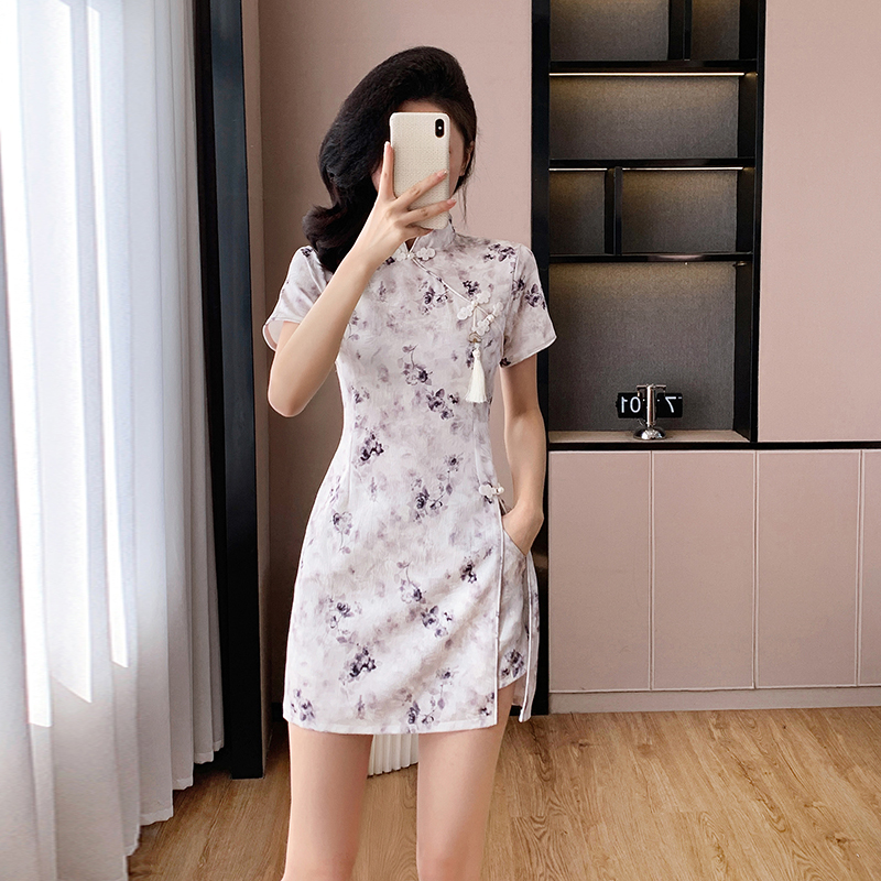 Jacquard printing shorts Chinese style cheongsam 2pcs set