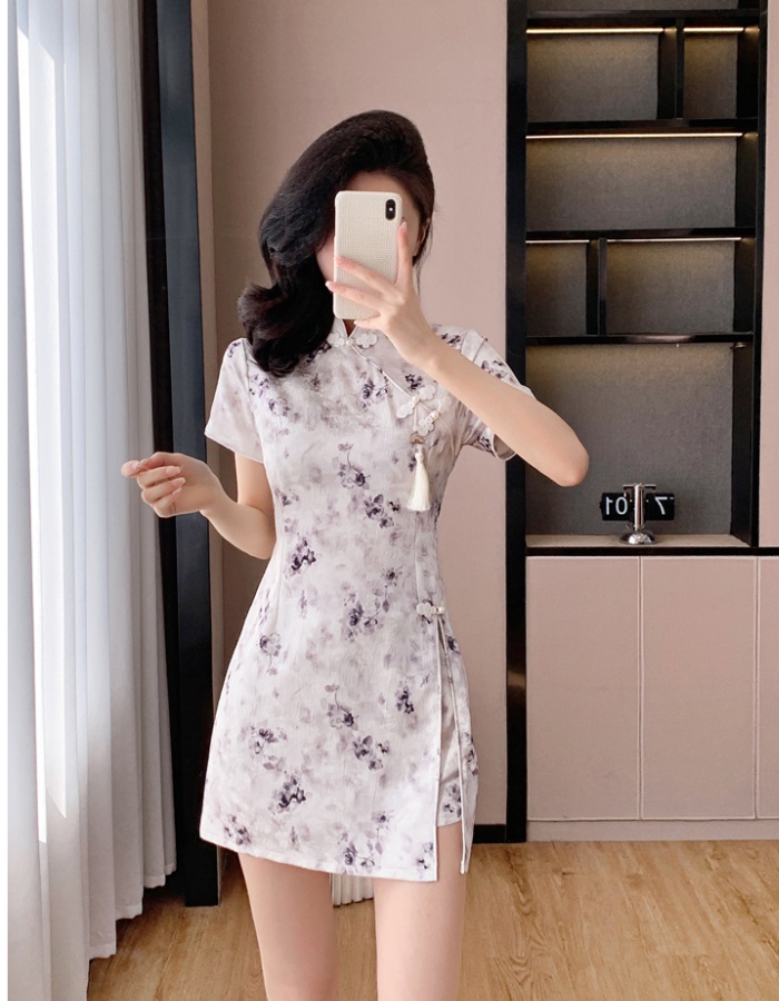 Jacquard printing shorts Chinese style cheongsam 2pcs set