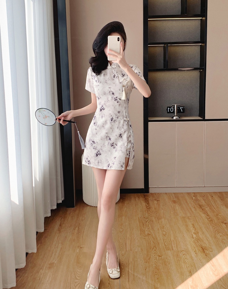 Jacquard printing shorts Chinese style cheongsam 2pcs set