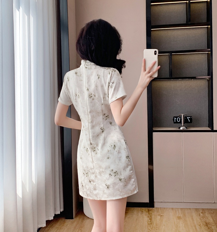 Jacquard printing shorts Chinese style cheongsam 2pcs set