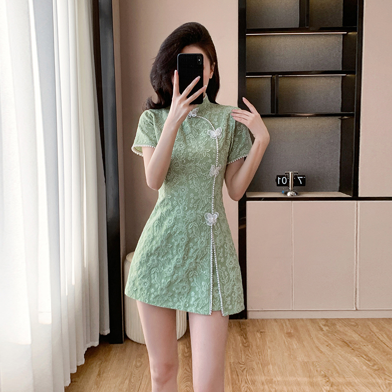 Pearl splice cheongsam micro-bomb summer shorts 2pcs set