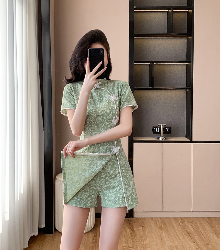 Pearl splice cheongsam micro-bomb summer shorts 2pcs set