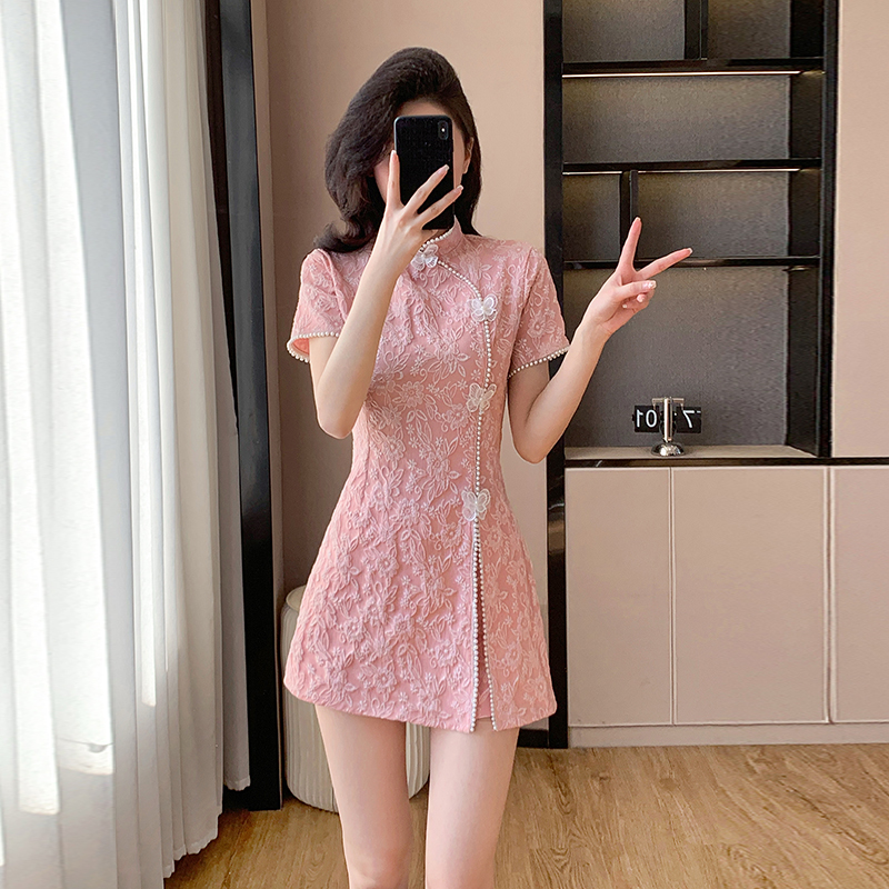 Pearl splice cheongsam micro-bomb summer shorts 2pcs set