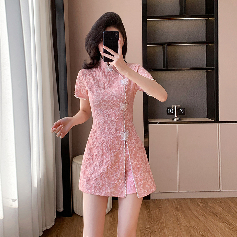 Pearl splice cheongsam micro-bomb summer shorts 2pcs set