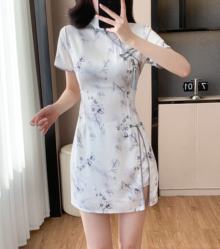 Temperament jacquard Chinese style cheongsam 2pcs set