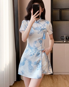 Tender summer dress short printing cheongsam a set