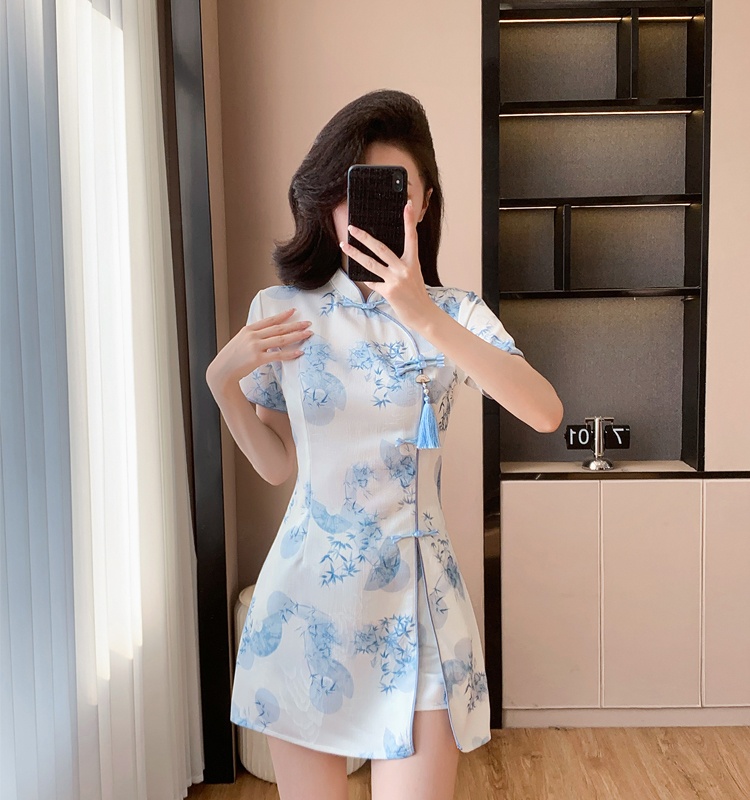 Tender summer dress short printing cheongsam a set