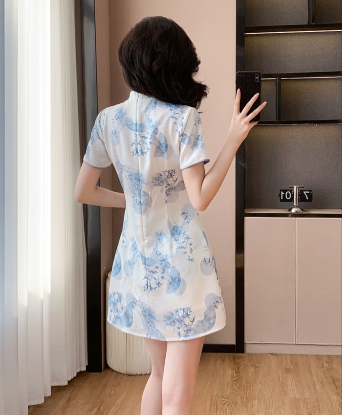 Tender summer dress short printing cheongsam a set