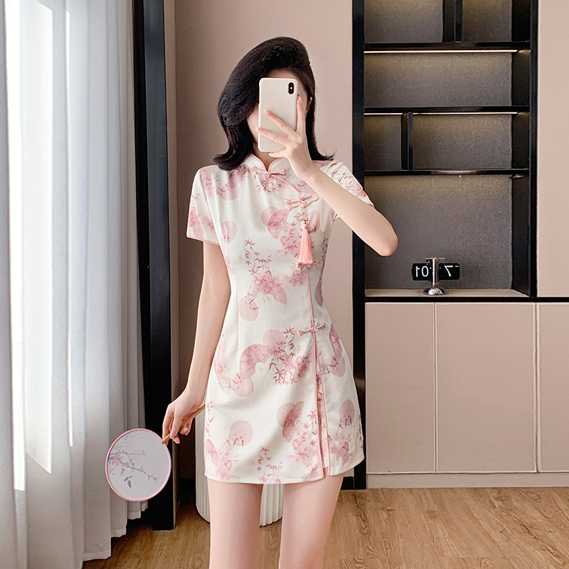 Tender summer dress short printing cheongsam a set