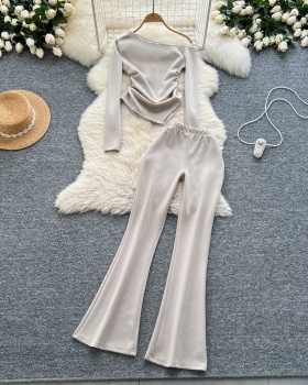 Sloping shoulder tops flare pants for women