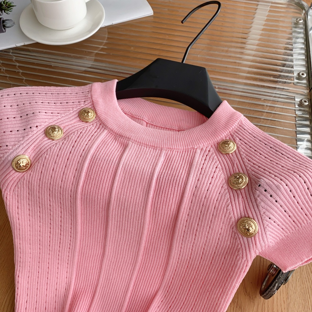 Sexy round neck sweater metal buckles tops for women