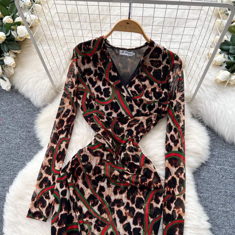 Leopard slim package hip niche split spicegirl dress