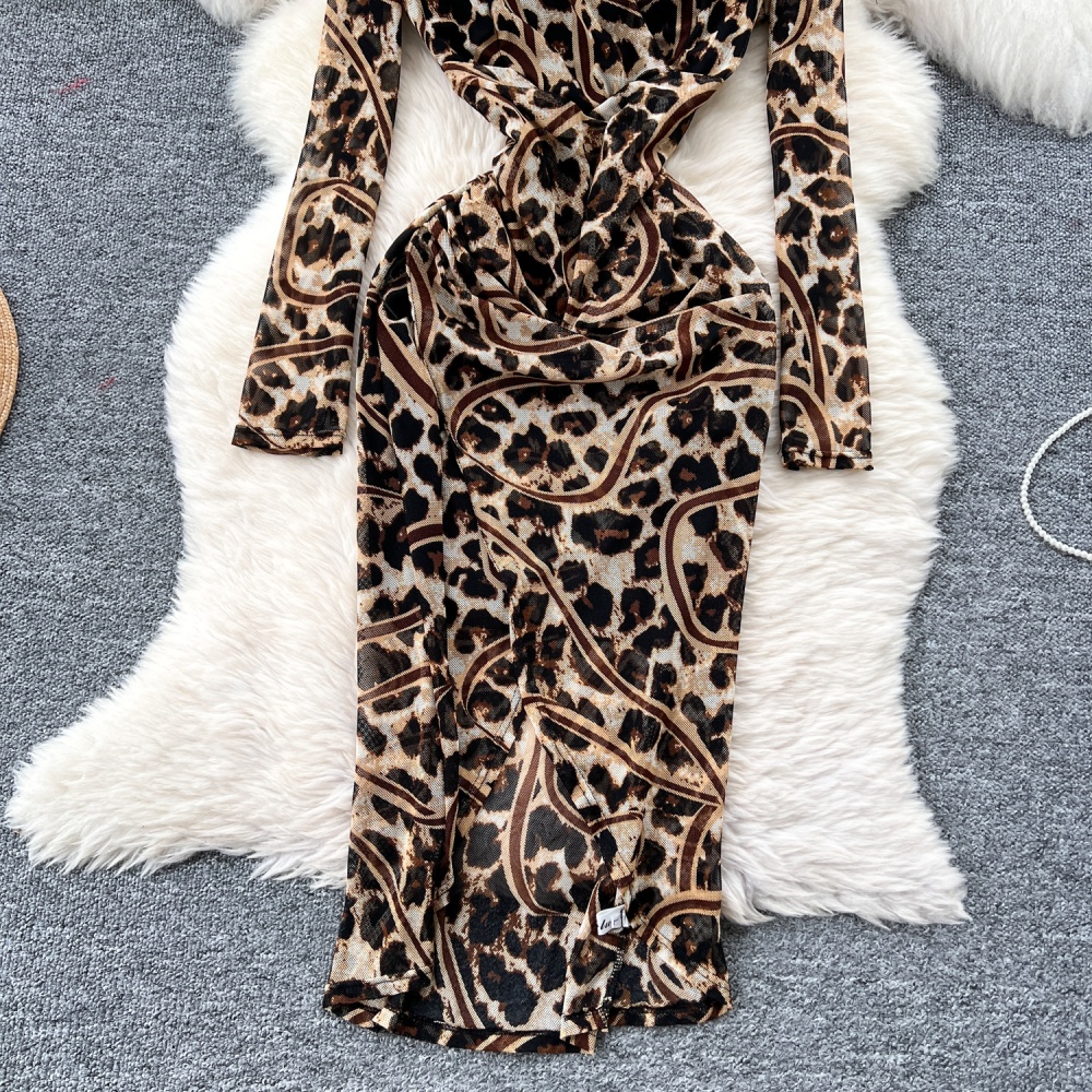 Leopard slim package hip niche split spicegirl dress