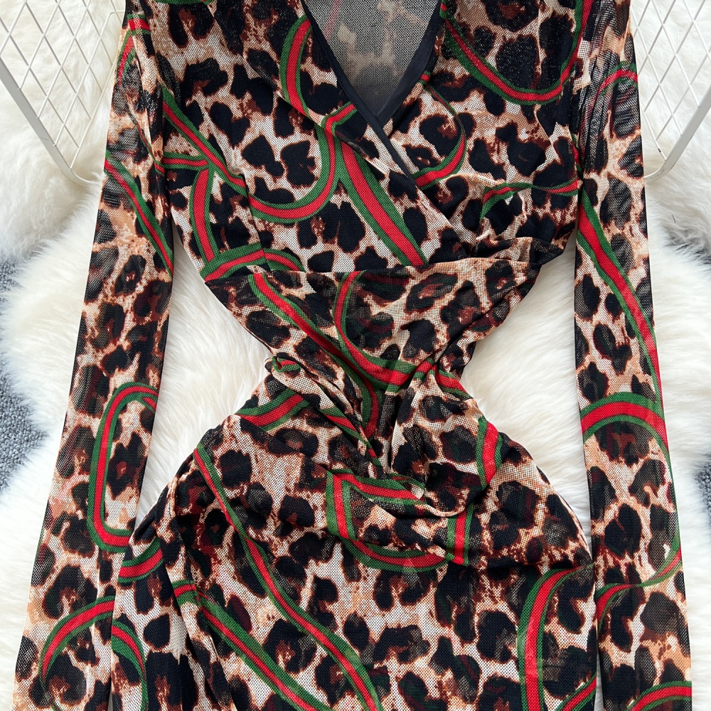 Leopard slim package hip niche split spicegirl dress