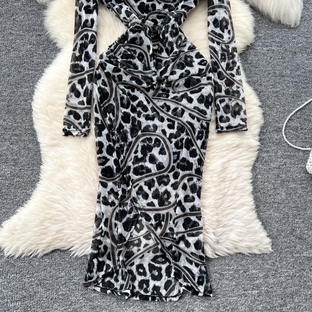 Leopard slim package hip niche split spicegirl dress