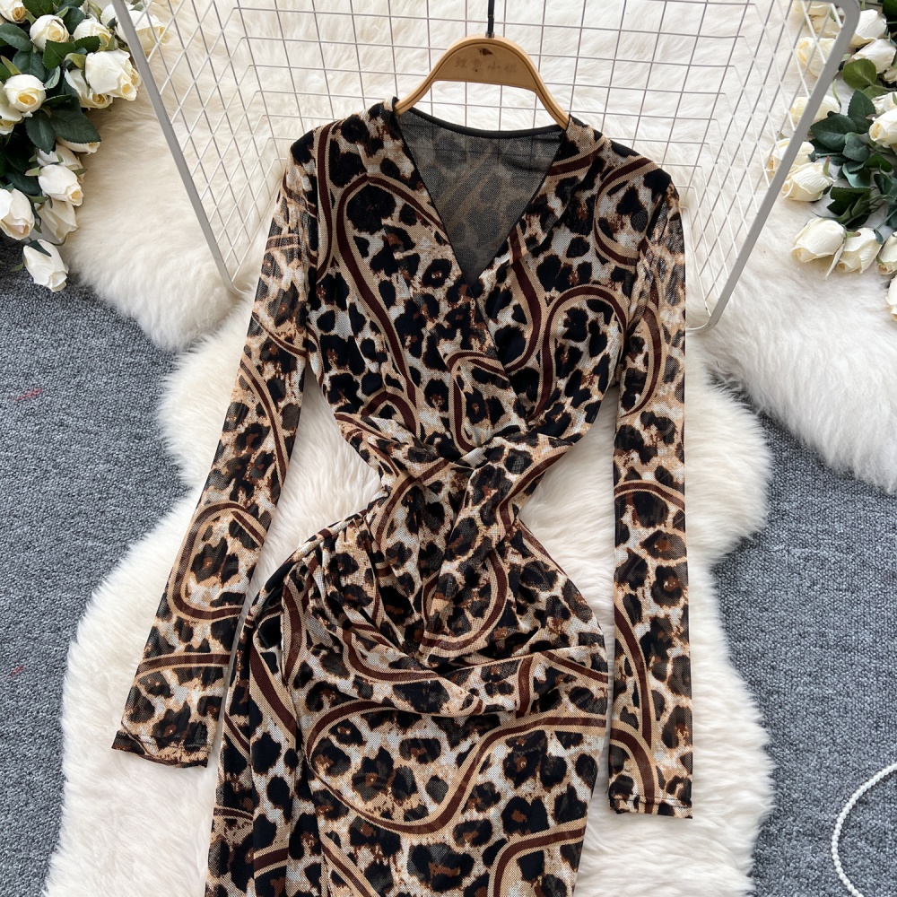 Leopard slim package hip niche split spicegirl dress