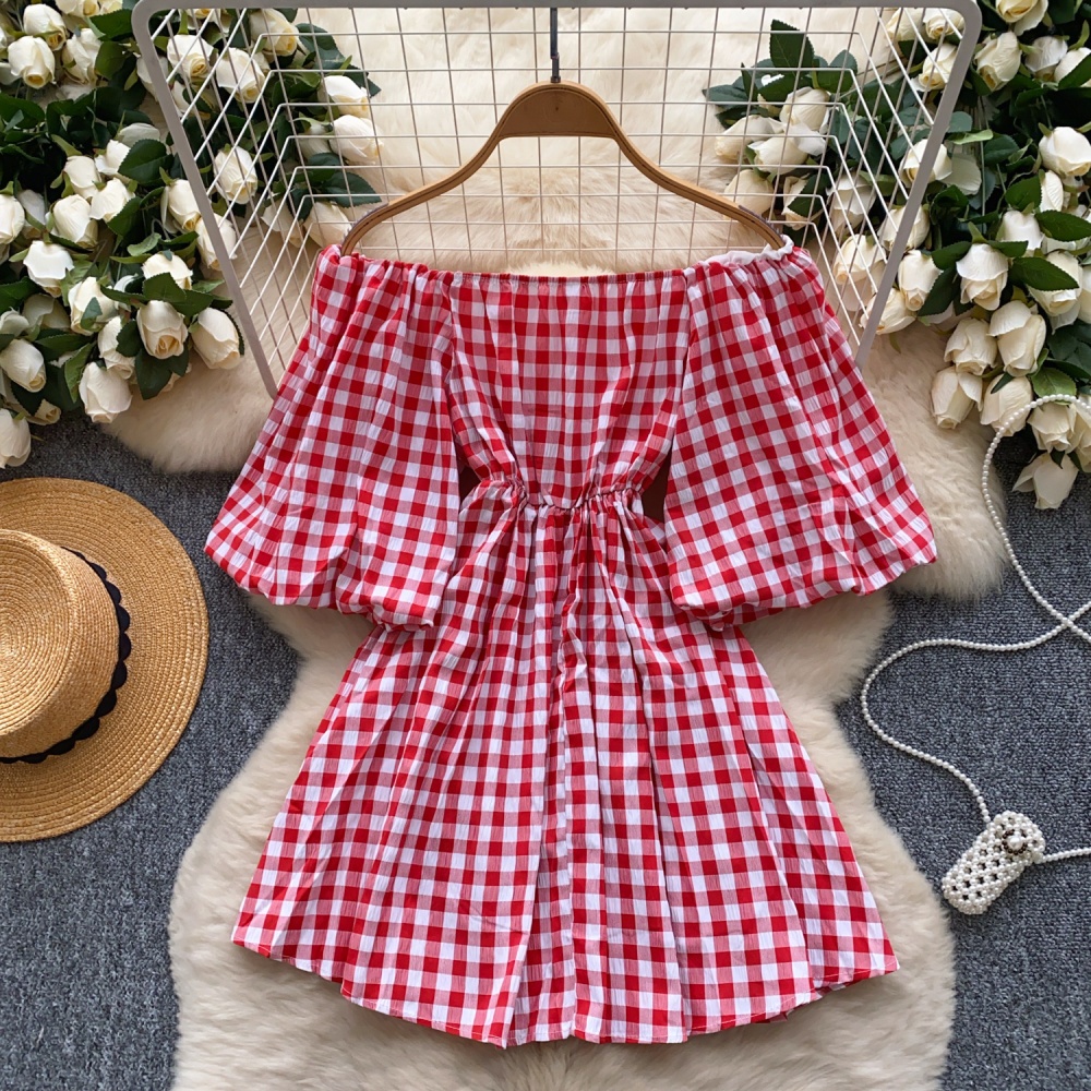 France style puff sleeve slim A-line plaid dress for women