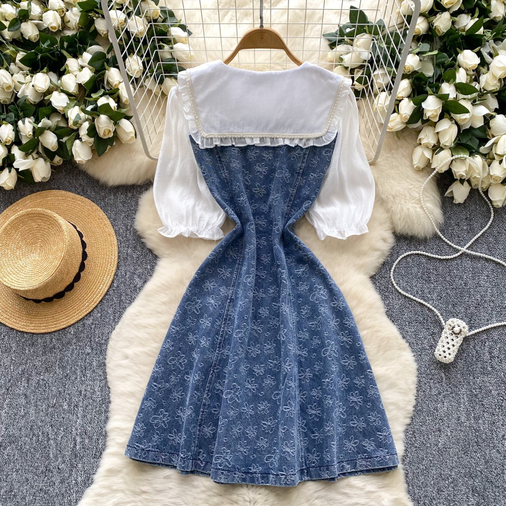 Pinched waist splice single-breasted beading dress