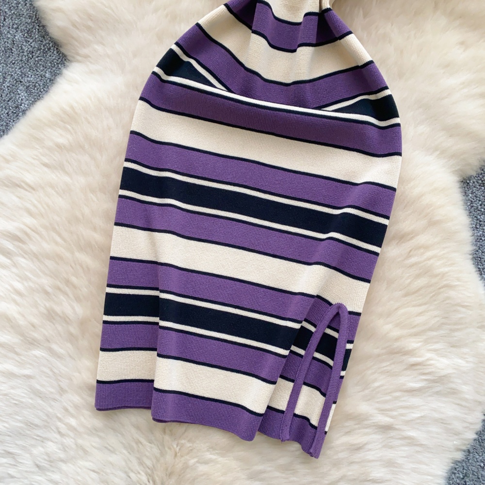 Round neck pinched waist niche stripe knitted dress