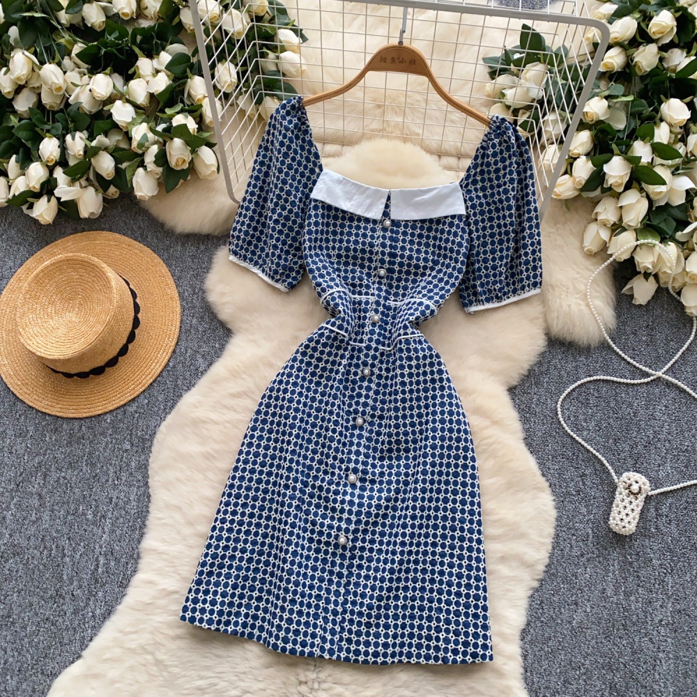 Pinched waist denim summer slim puff sleeve dress