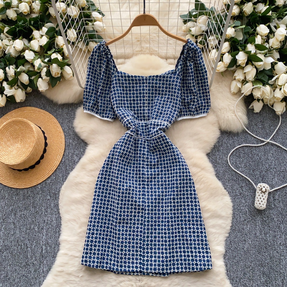 Pinched waist denim summer slim puff sleeve dress